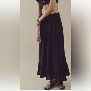 Free People Epic Sunset Cotton Linen Pockets Black Wrap Maxi Skirt